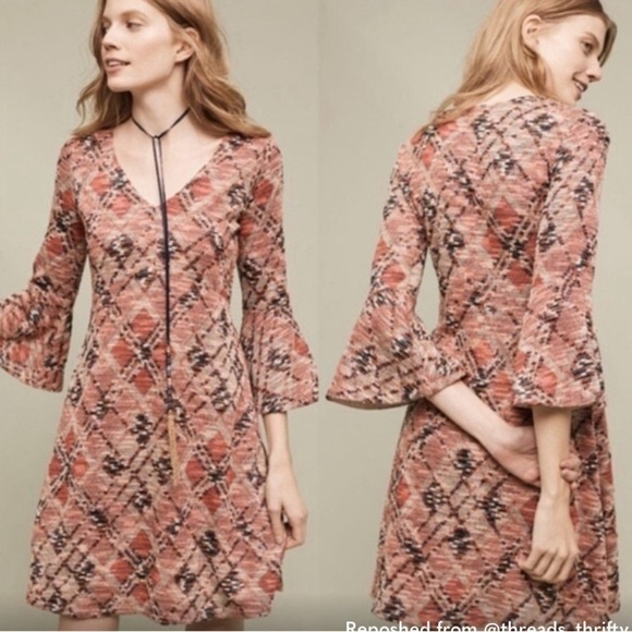 Maeve by Anthropologie Argyle Erina dark coral a-line bell sleeves dress size L - Picture 2 of 15